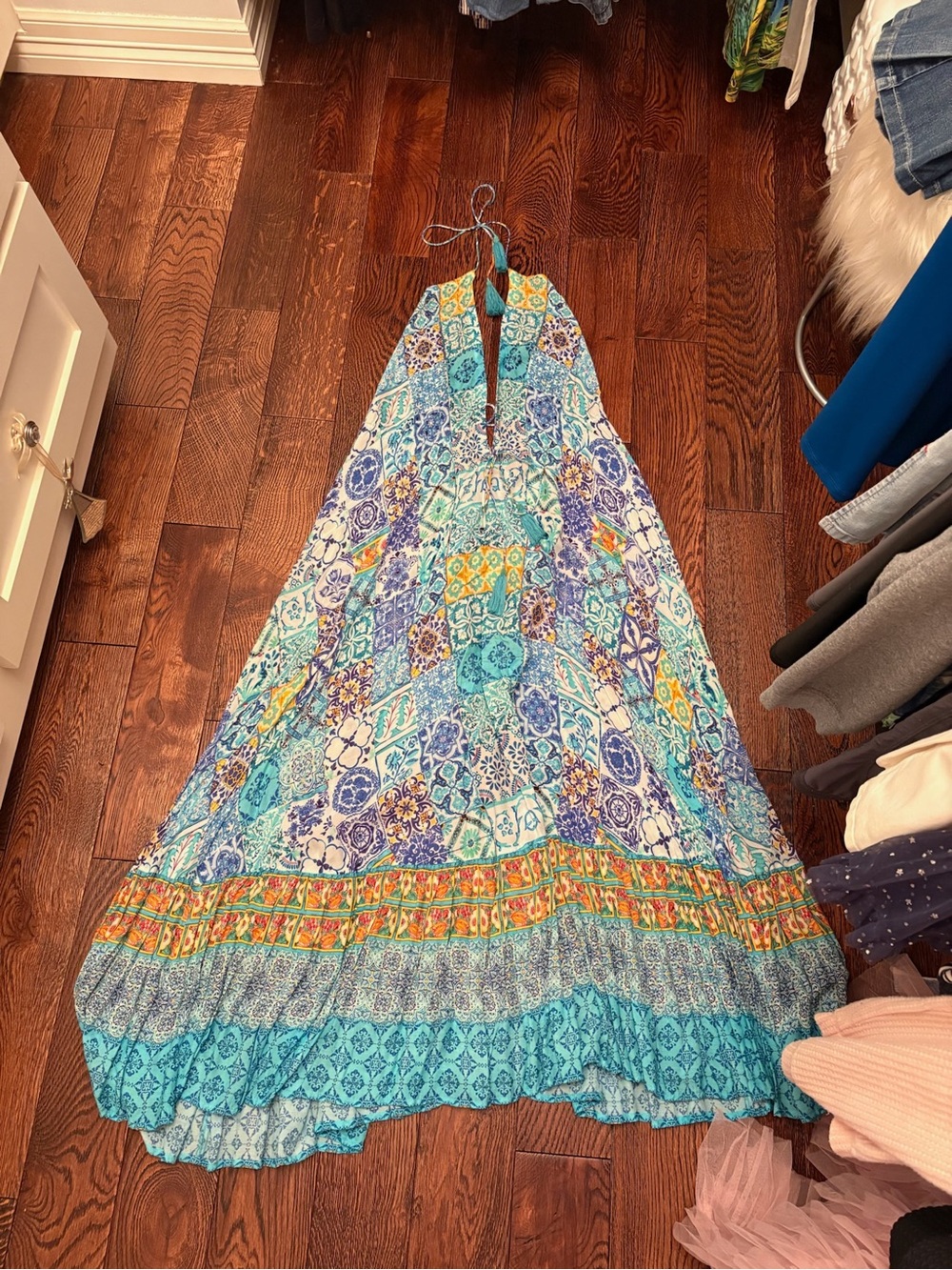 Ruby Yaya Embellished Tile Print Halter Maxi Dress S Boho Resort